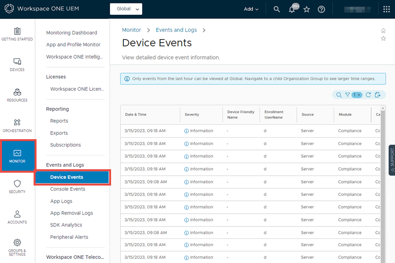 This screenshot shows the Device Events page, which enables you to review the device event log.