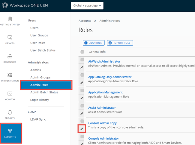 This screenshot shows the Accounts, Administrator Roles page with a role copy selected, ready to be edited and renamed. This screenshot shows the Accounts, Administrator Roles page with a role copy selected, ready to be edited and renamed.
