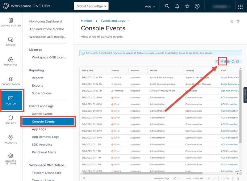 This screenshot shows the Console Events screen, which you can use to research and troubleshoot events that are logged by the console.