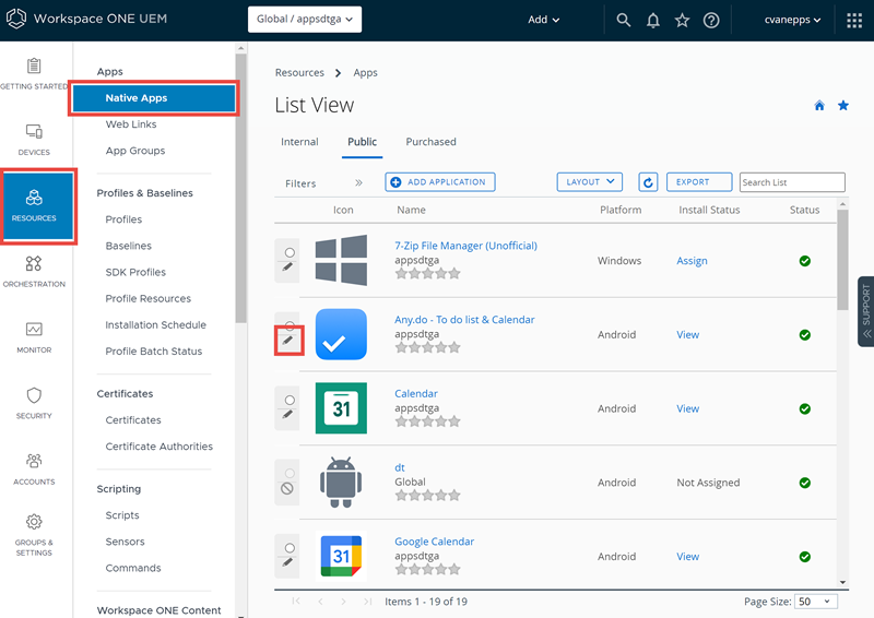 This screenshot shows the Public Applications List View, which you can go to to assign smart groups to native apps.