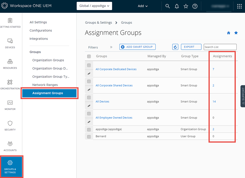 This screenshot displays how you can invoke the View Assignments page, by selecting non-zero numbers in the Assignments, Exclusions, and Devices columns.