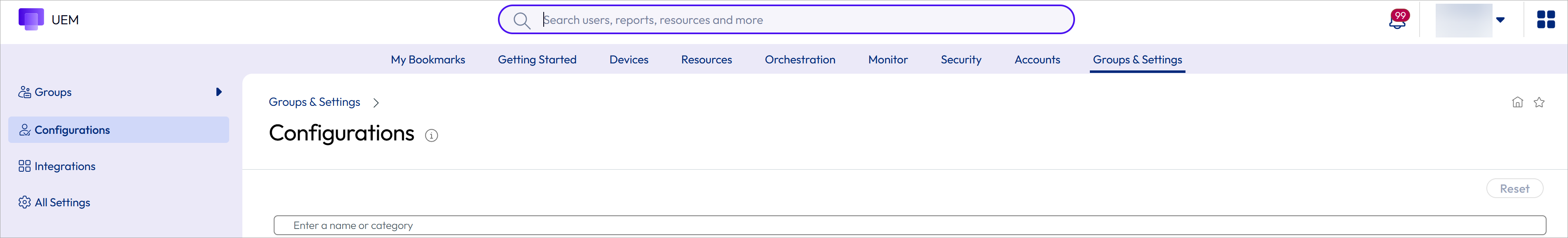 Shows how you perform a search for settings from the UEM configuration page.