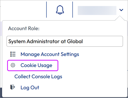 This partial screenshot shows the Username Account drop down menu when you are logged in to your Omnissa Cloud Services account, revealing a "Cookie Usage" selection, allowing you to configure them.