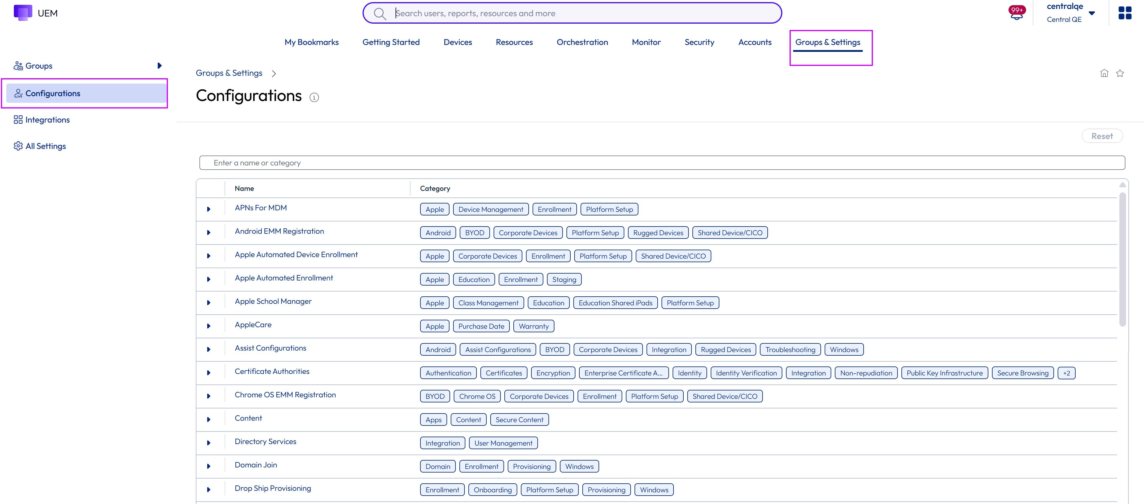 This is the main Configuration screen in Workspace ONE UEM, which lets you filter and view curated device & environment configs.