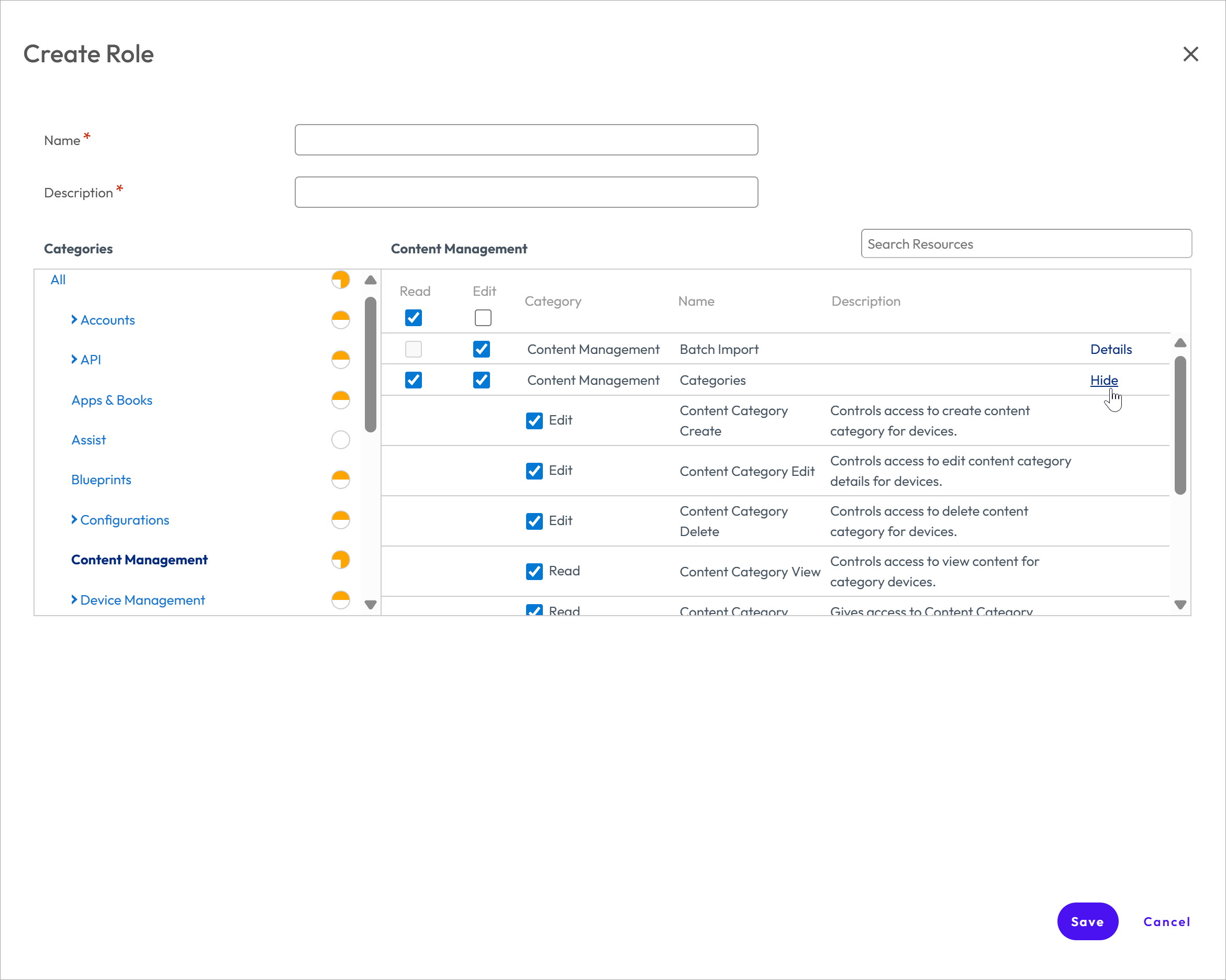 This screenshot features the Create Role screen with Categories on the left and searchable Content Management on the right.