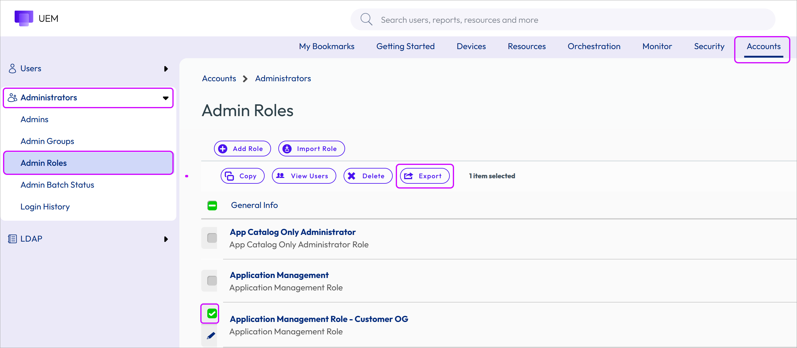 This screenshot shows the button cluster that displays when an admin role is selected, highlighting the Export function.