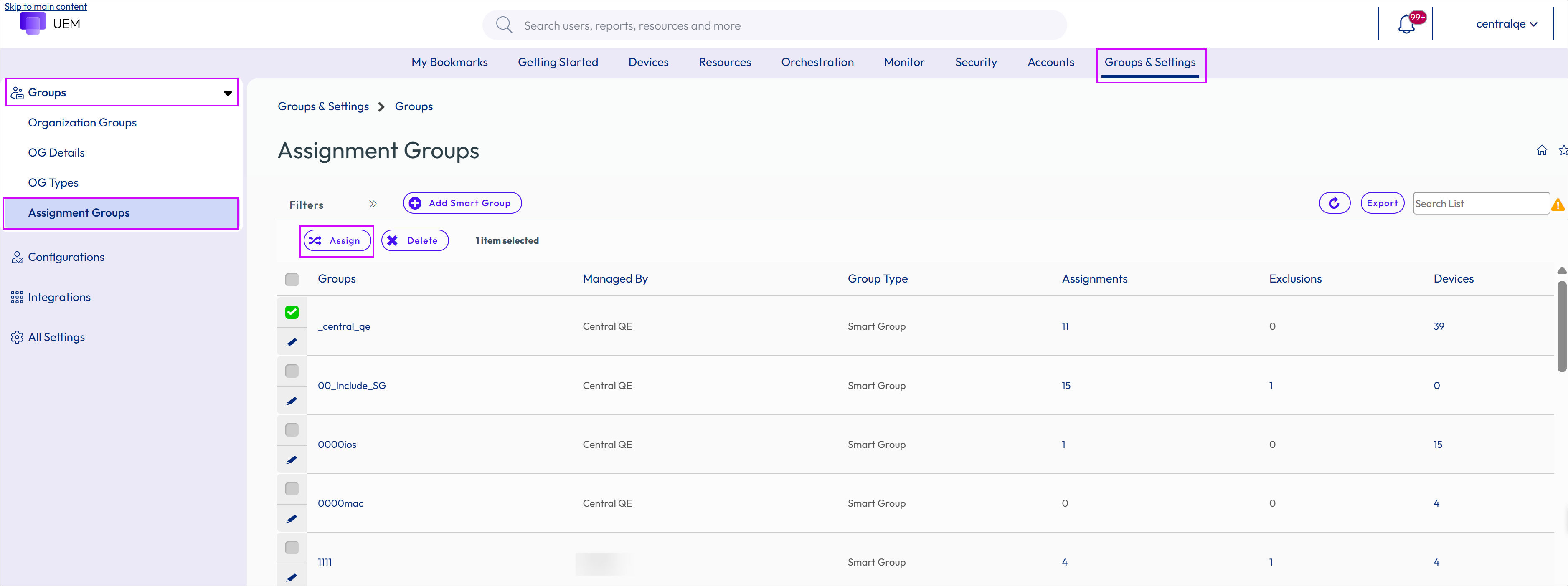 This Assignment Groups screenshot shows the Assign button that displays when you select one or more groups.