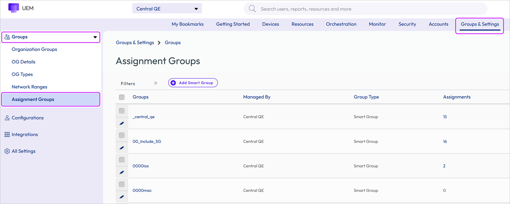 This screenshot of the Assignment Groups list view shows a typical listing of three kinds of groups and the Add Smart Group button.