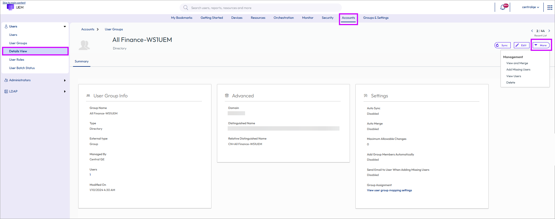 This screenshot shows the User Groups Details View, which you use to review user details. This screenshot shows the User Groups Details View, which you use to review user details.