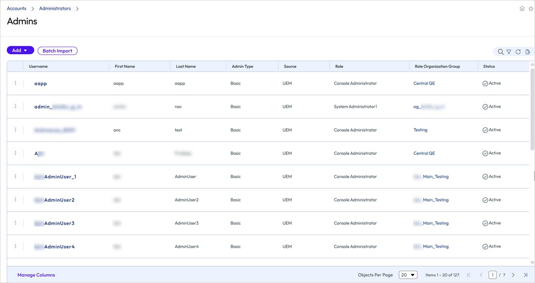 This screenshot displays the administrator account list view, which you can filter by role and status. You can sort the listing by clicking any of the column headers. From this page, you can add new accounts and import accounts in batches.