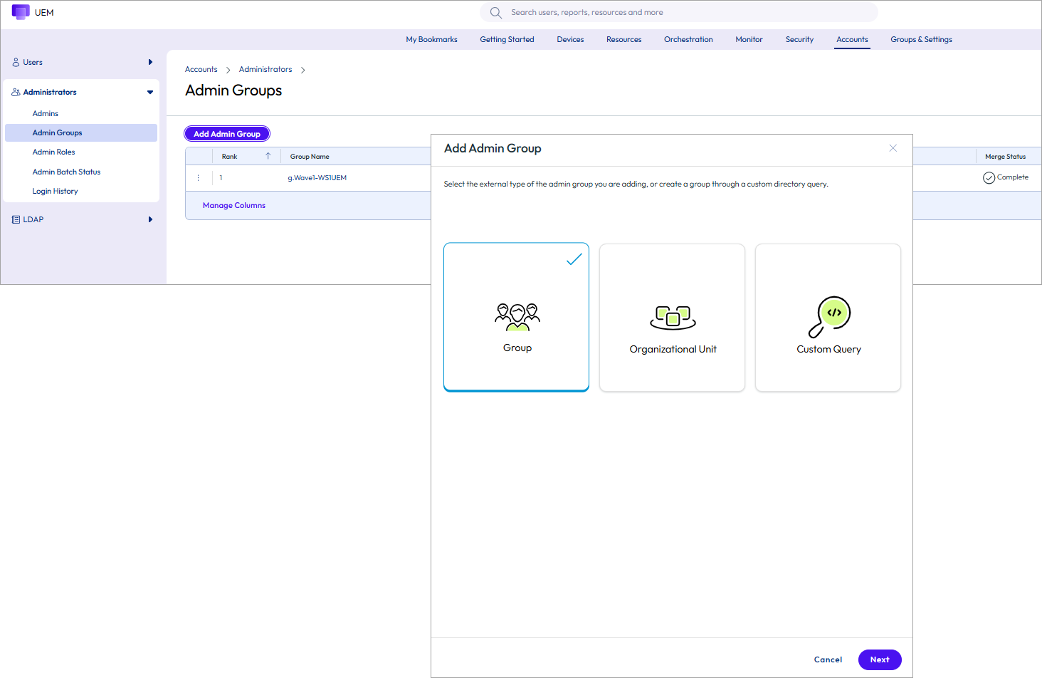 This screenshot displays the Admin Groups page which yu can use to add new admin groups.