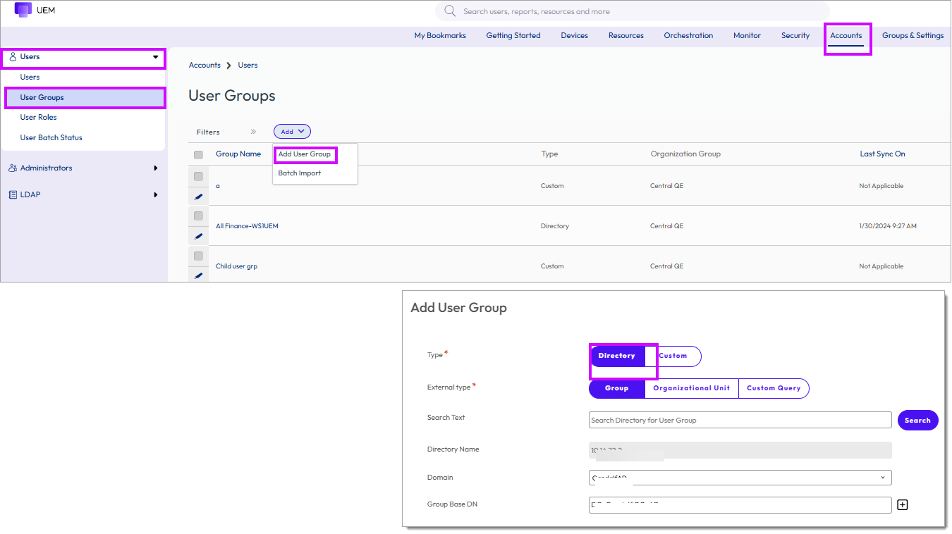 This screenshot shows the User Group List View, Add, which you use to add user groups with directory integration. This screenshot shows the User Group List View, Add, which you use to add user groups with directory integration.