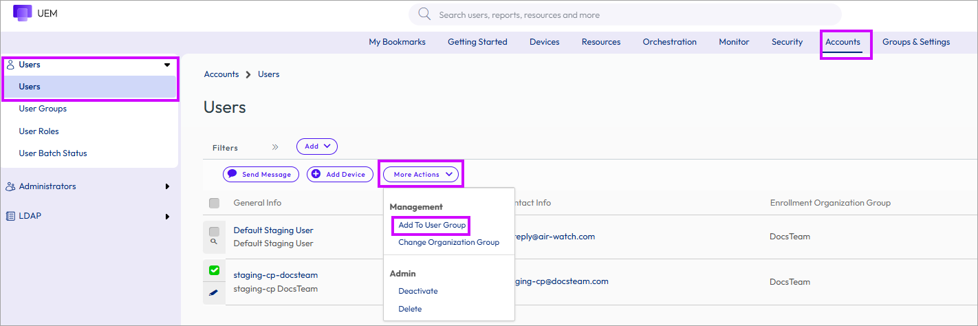This screenshot shows the Users List View which you use to add users to user groups. This screenshot shows the Users List View which you use to add users to user groups.