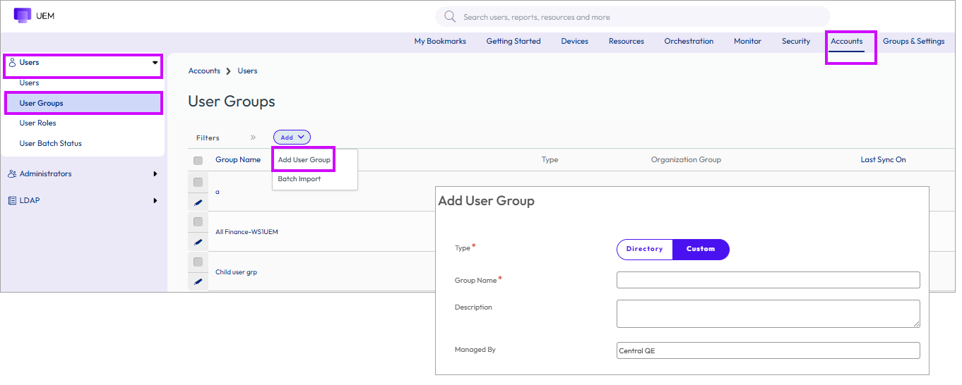 This screenshot shows the User Group List View, Add, which you use to add user groups without directory integration. This screenshot shows the User Group List View, Add, which you use to add user groups without directory integration.