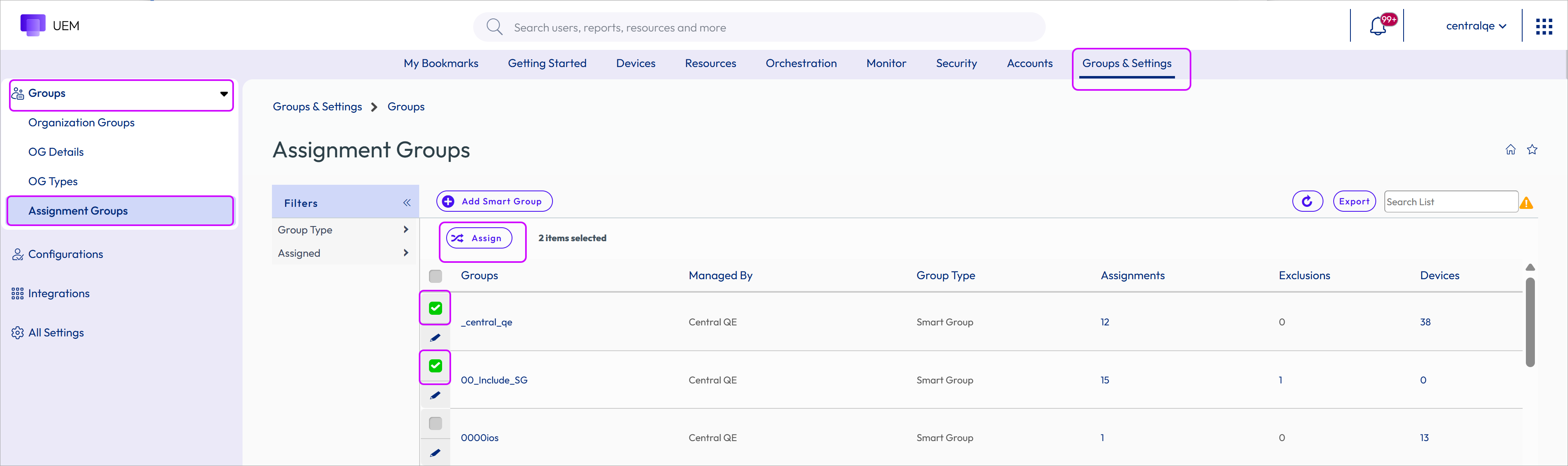 This screenshot shows the Assignment Groups list view which you can use to assign smart groups immediately after making them.