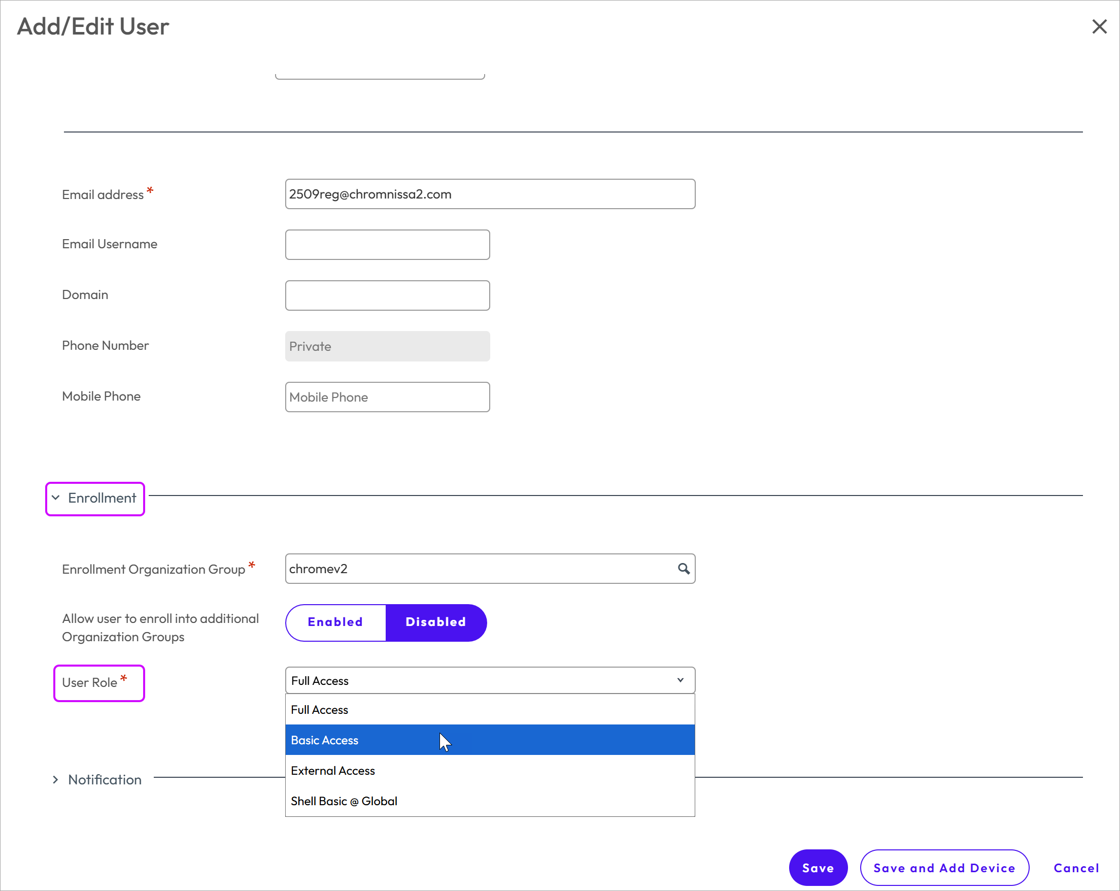 This screenshot shows the Add/Edit User page of the Accounts, Users, List view, which lets you assign and edit roles for existing users.