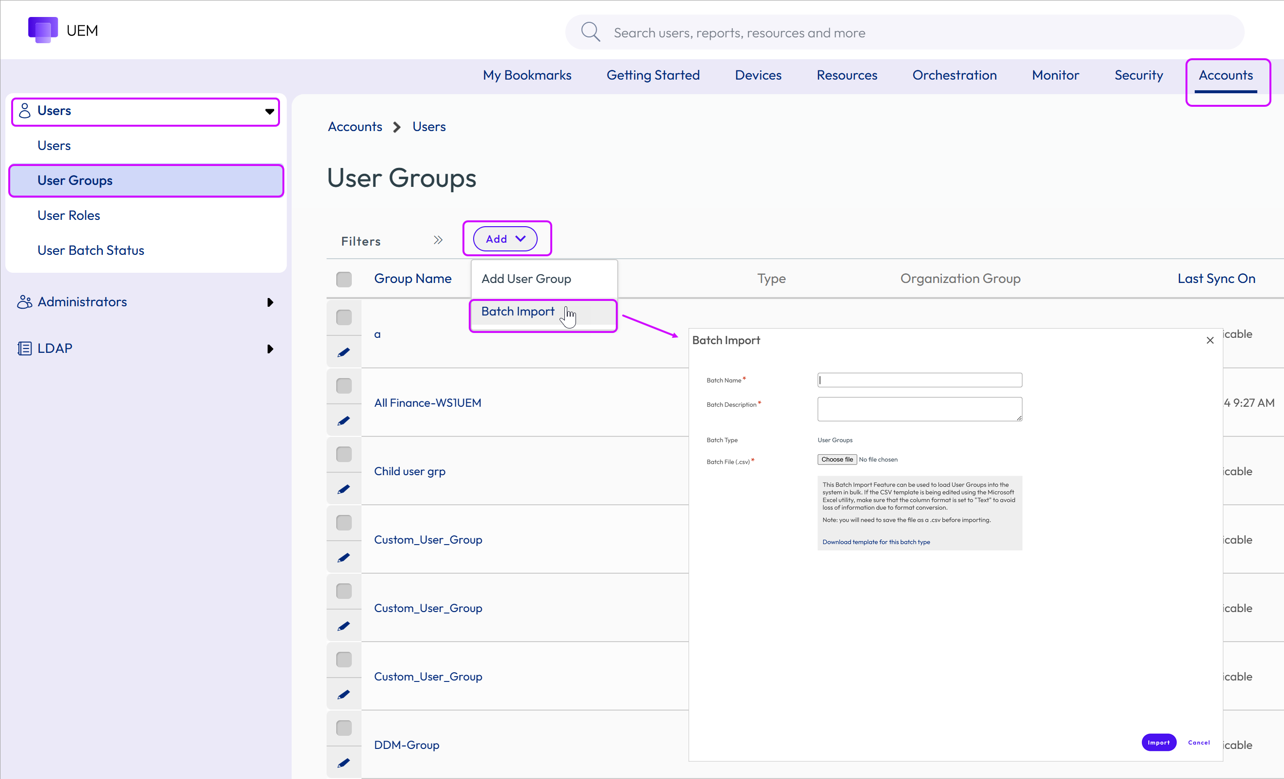 This screenshot shows the Batch Import screen, which enables you to batch import user groups.