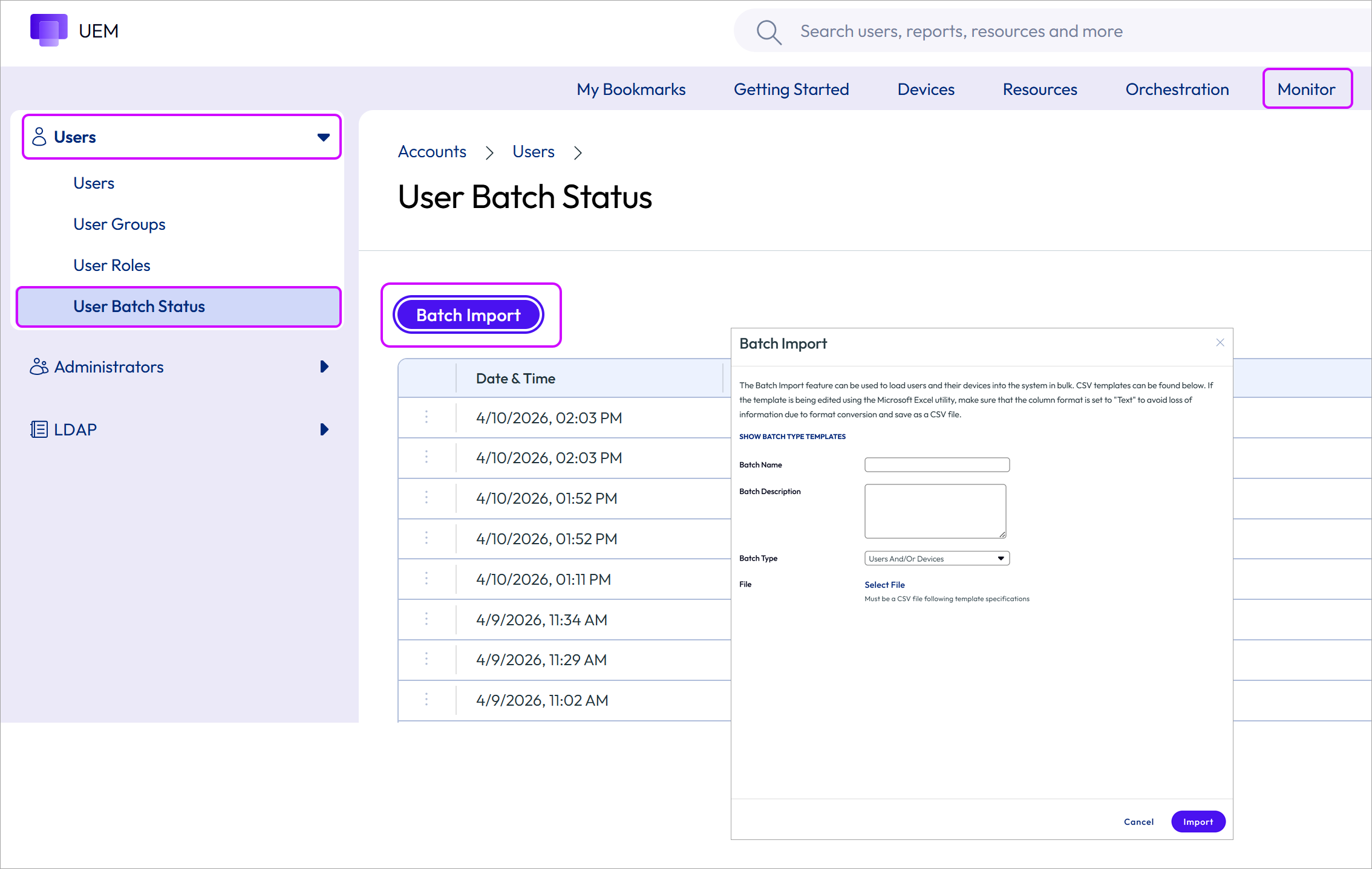 This screenshot shows the Batch Import screen, which enables you to batch import users and devices.