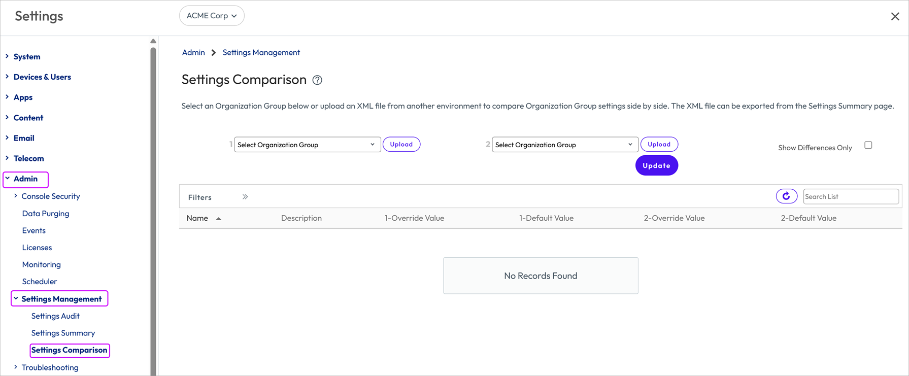 This screenshot shows the Compare Organization Groups system setting page. This screenshot shows the Compare Organization Groups system setting page.
