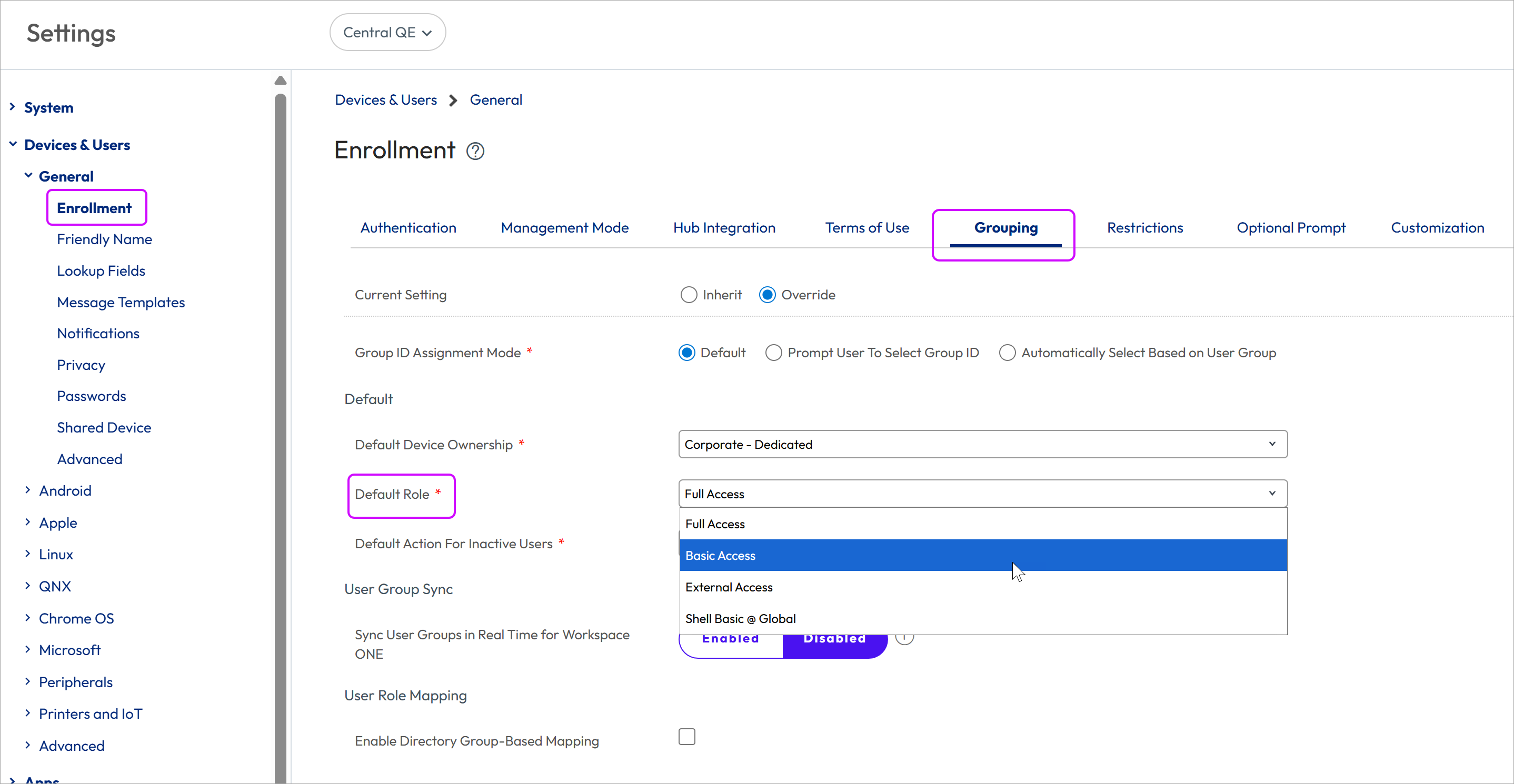 This screenshot shows the Enrollment Grouping Settings Page, which enables you to configure a default user role.