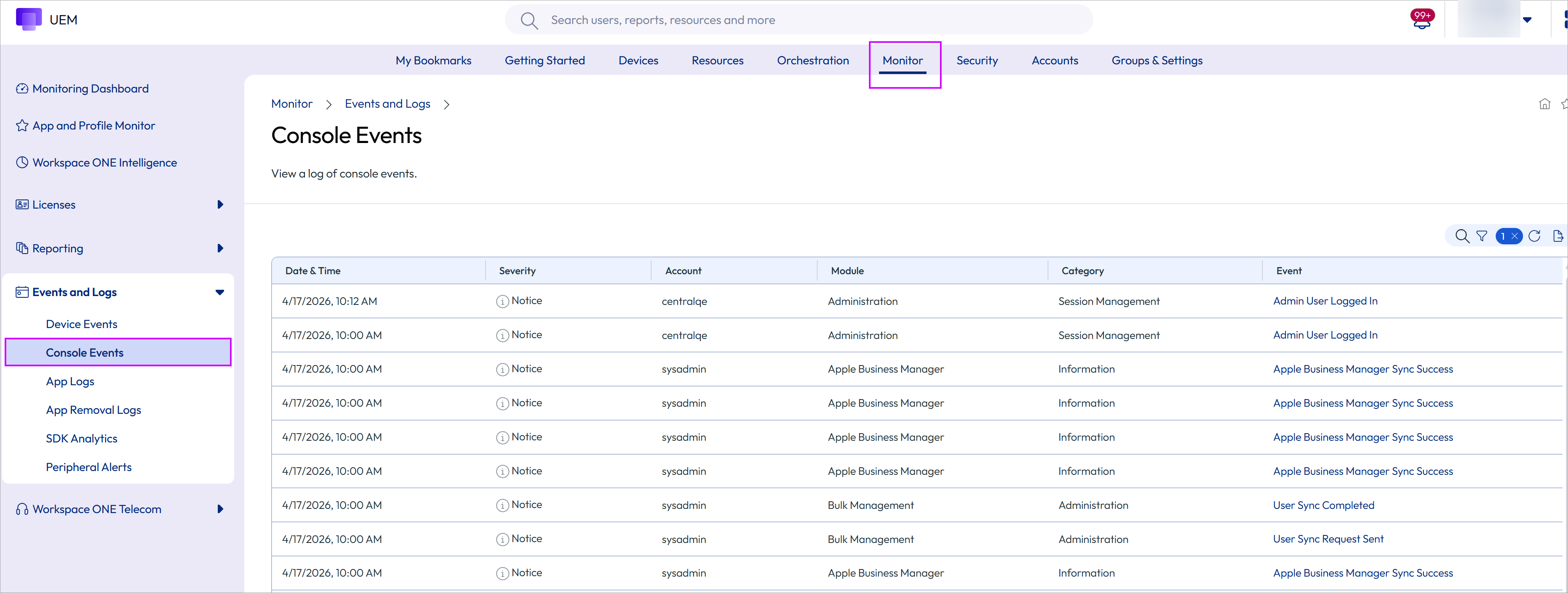 This screenshot shows the Console Events page, which enables you to review the console event log. This screenshot shows the Console Events page, which enables you to review the console event log.