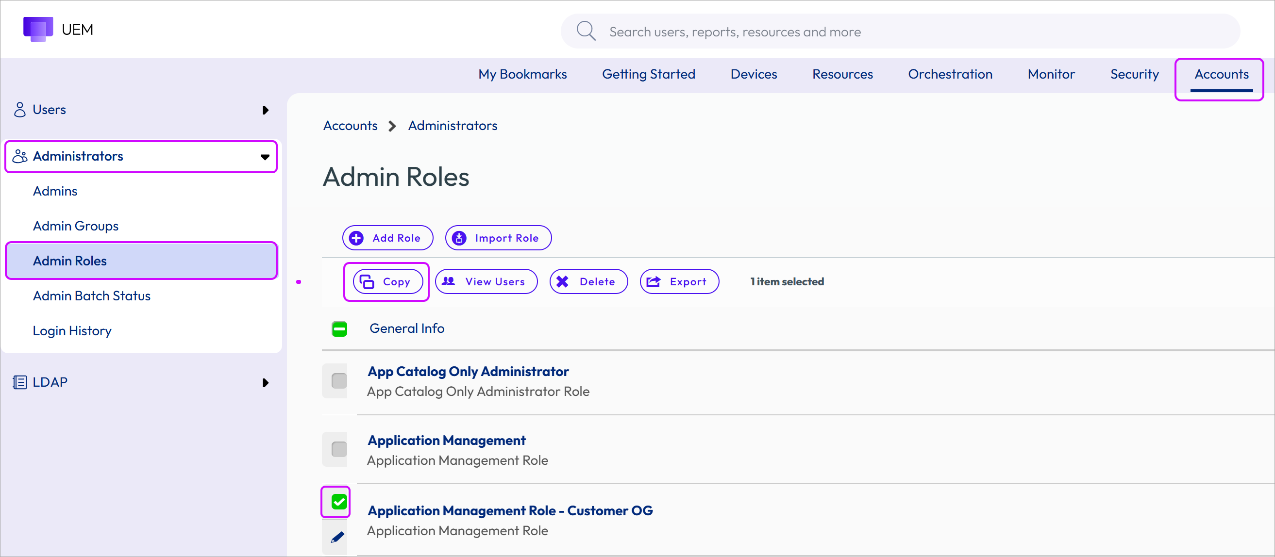 This screenshot shows the Accounts, Administrator Roles page with a role selected and the Copy button highlighted.