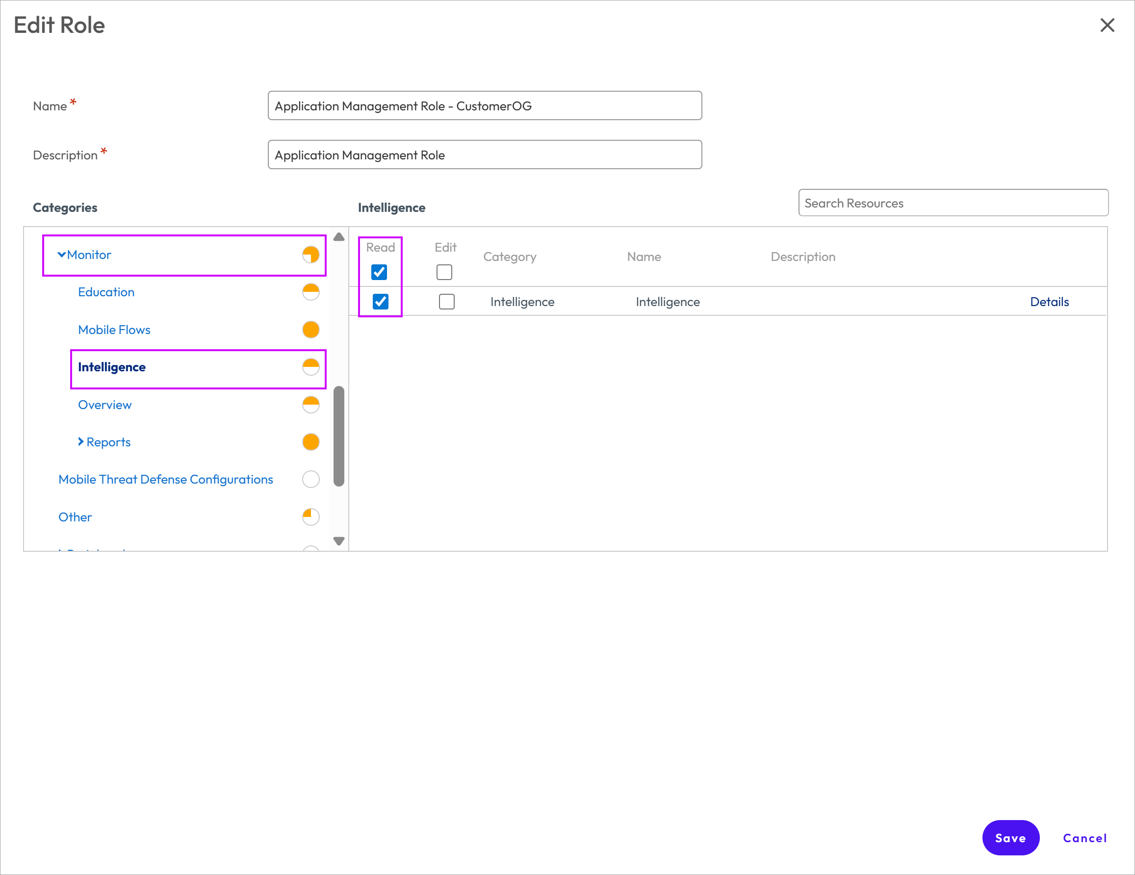 This screenshot shows the Intelligence category on the Copy Role screen, allowing you to set permissions for access to opt-in settings. This screenshot shows the Intelligence category on the Copy Role screen, allowing you to set permissions for access to opt-in settings.