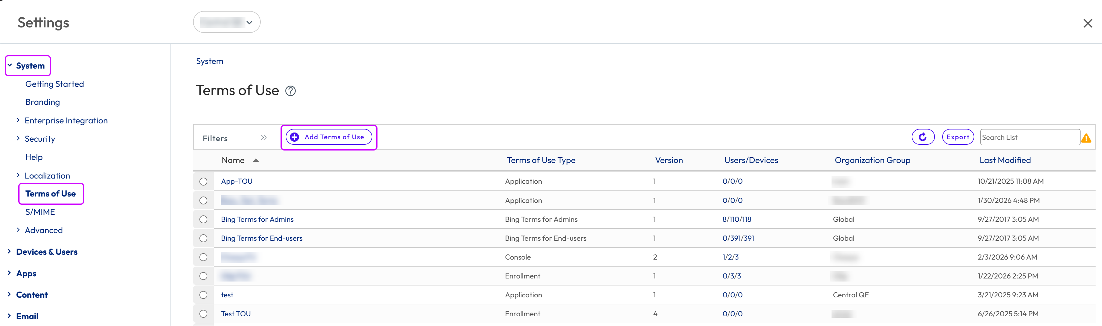 This screenshot shows the Terms of Use System Setting with the Add Terms of Use button highlighted, which is how you create a new TOU. This screenshot shows the Terms of Use System Setting with the Add Terms of Use button highlighted, which is how you create a new TOU.