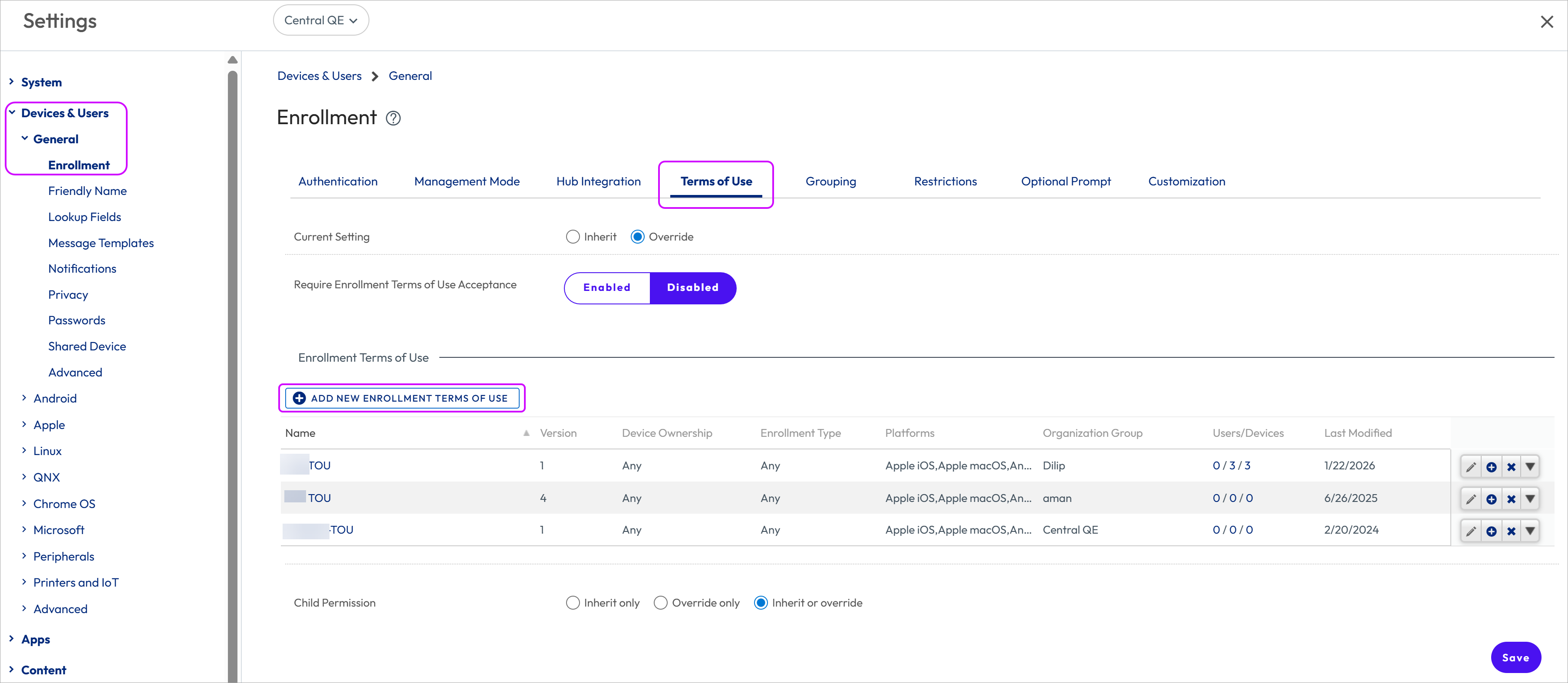 This screenshot shows the Devices Enrollment System Setting with the Terms of Use tab highlighted, which is how you create a new TOU. This screenshot shows the Devices Enrollment System Setting with the Terms of Use tab highlighted, which is how you create a new TOU.