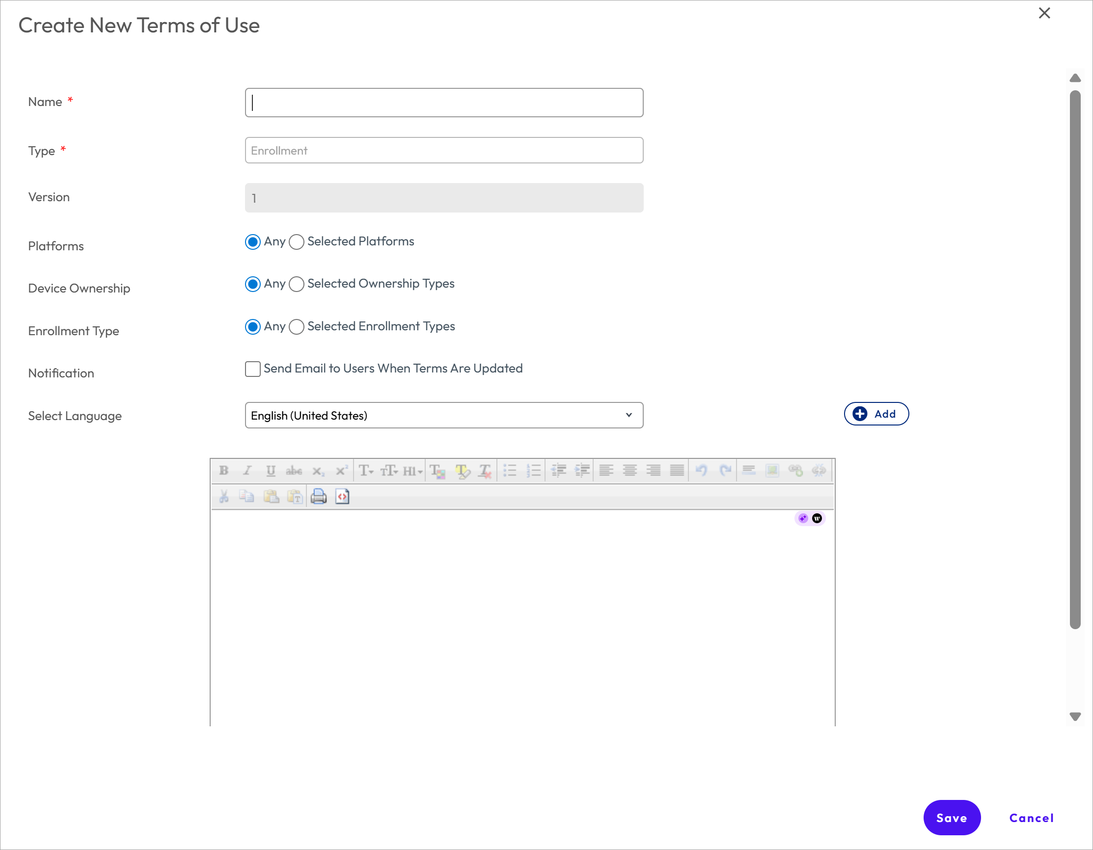 This screenshot shows the Create New Terms of Use panel from the Device Enrollment System Setting, which is what you fill out to add a new enrollment TOU. This screenshot shows the Create New Terms of Use panel from the Device Enrollment System Setting, which is what you fill out to add a new enrollment TOU.