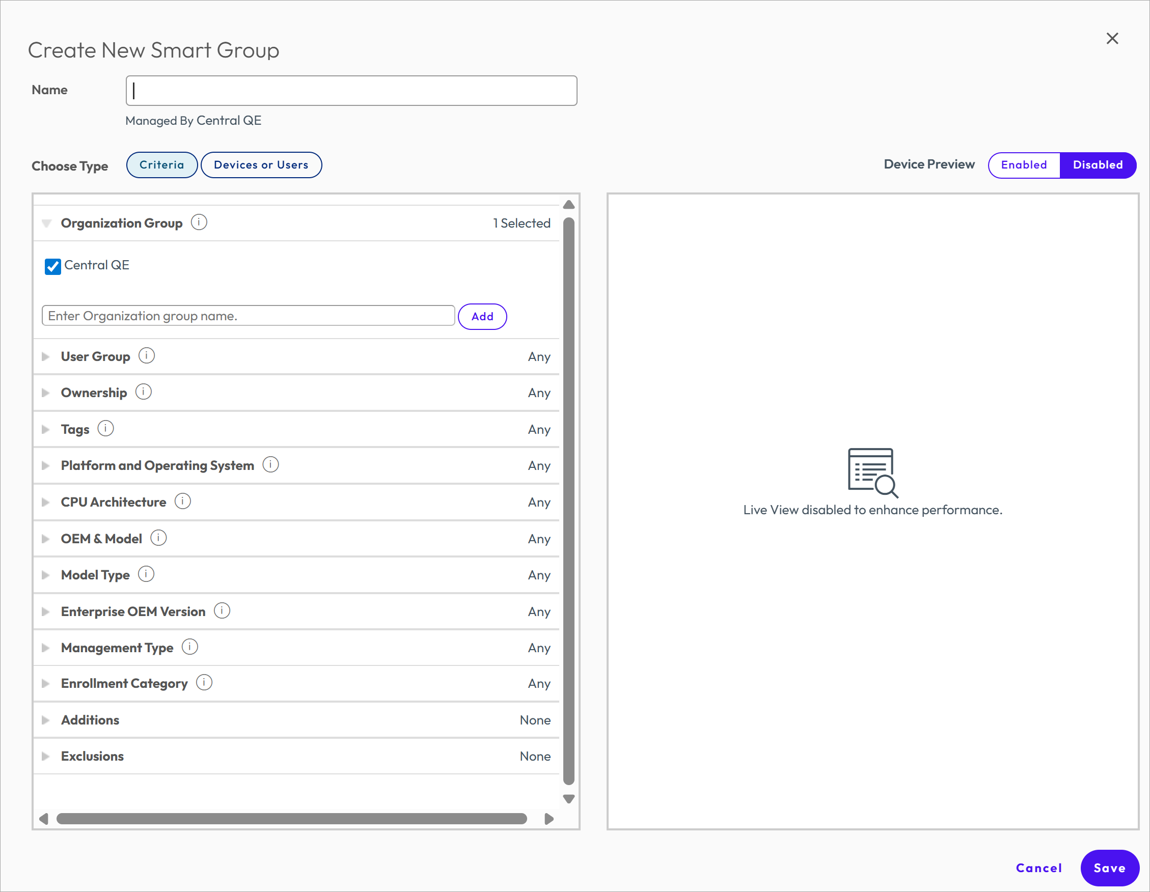 This screenshot shows the Create a Smart Group dialog box.