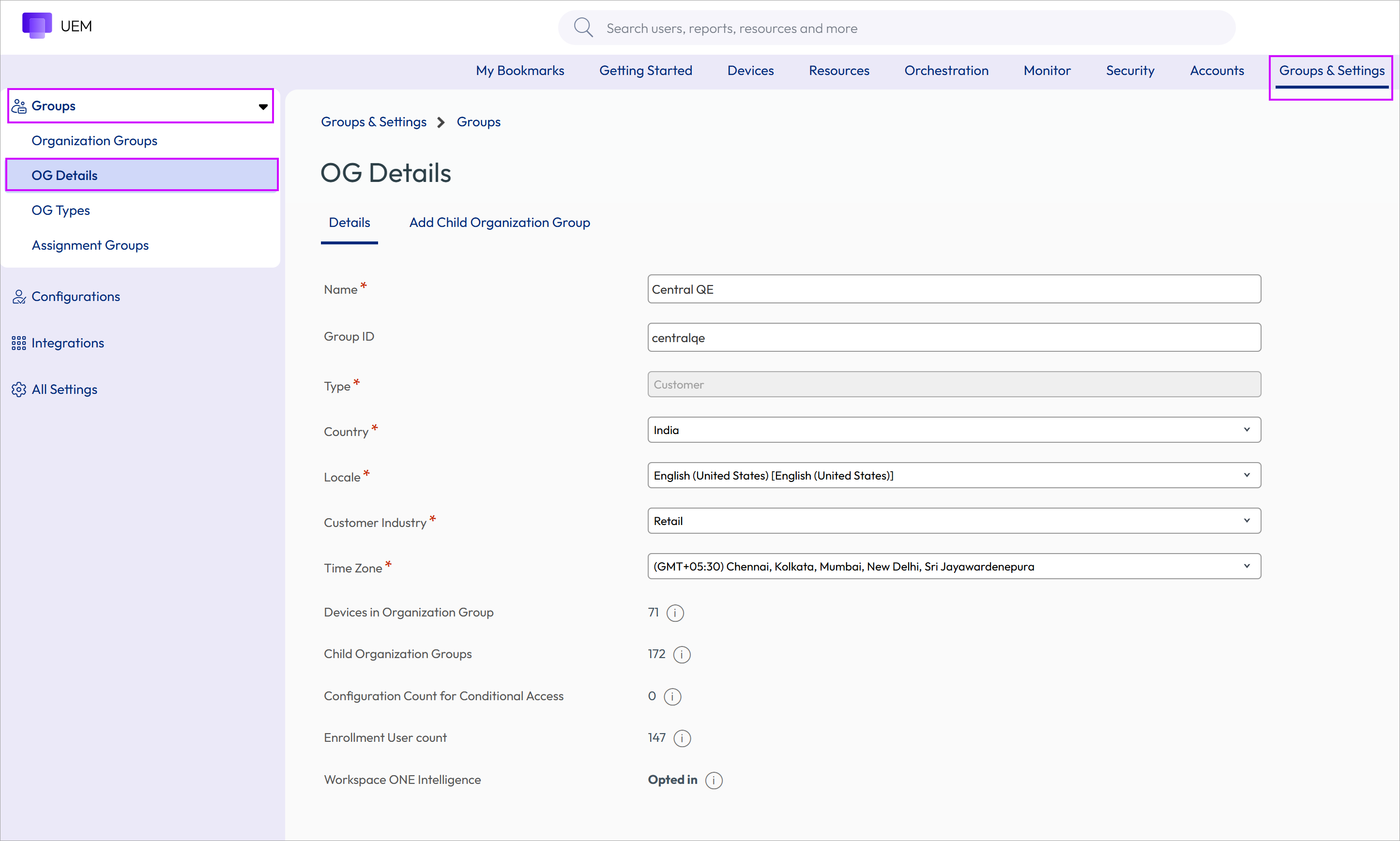 This screenshot shows the Details view of the Organization Groups page, which you use to add child OGs. This screenshot shows the Details view of the Organization Groups page, which you use to add child OGs.