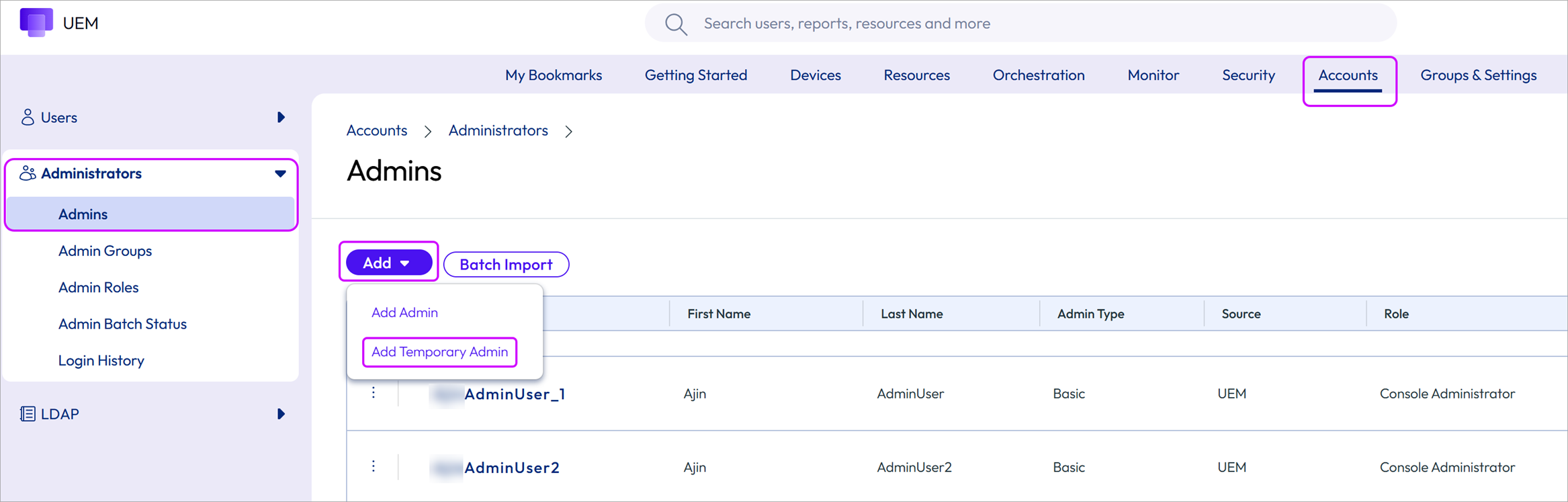 This screenshot shows the Accounts Administrator List View which enables you to create a temporary admin account.