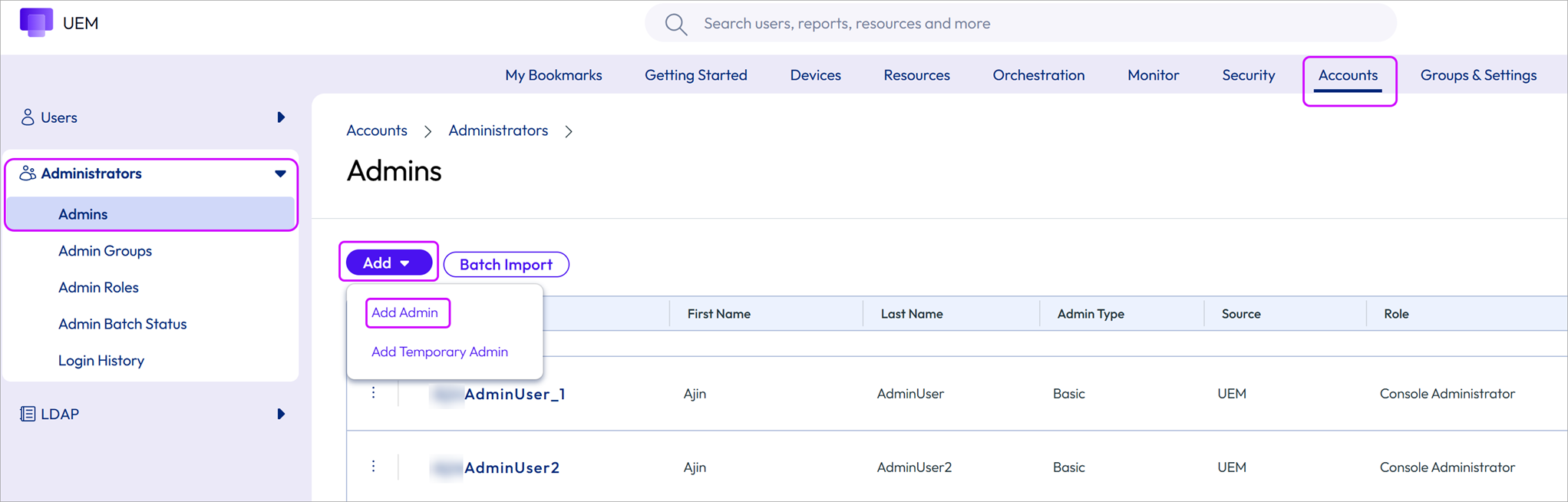 This screenshot shows the Accounts Administrator List View which enables you to create an admin account.