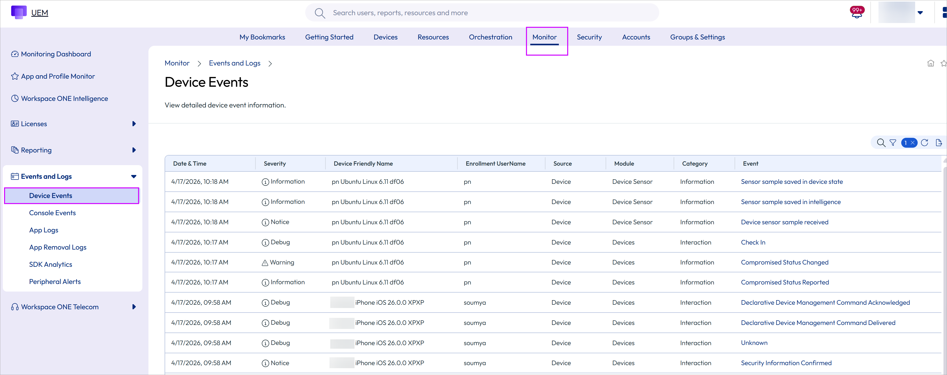 This screenshot shows the Device Events page, which enables you to review the device event log. This screenshot shows the Device Events page, which enables you to review the device event log.