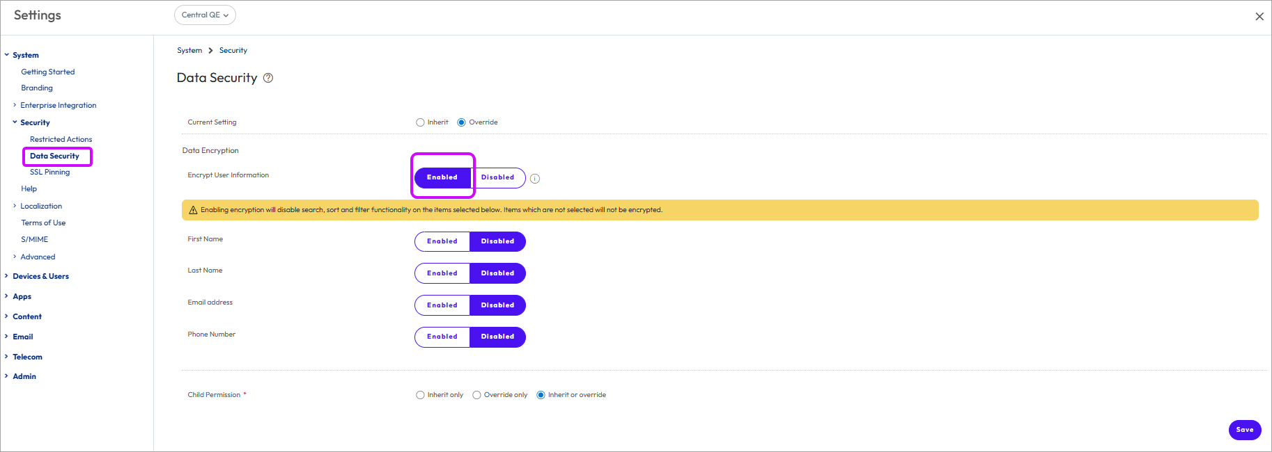 This screenshot shows the Data Security System Settings, which you use to enable encryption. This screenshot shows the Data Security System Settings, which you use to enable encryption.