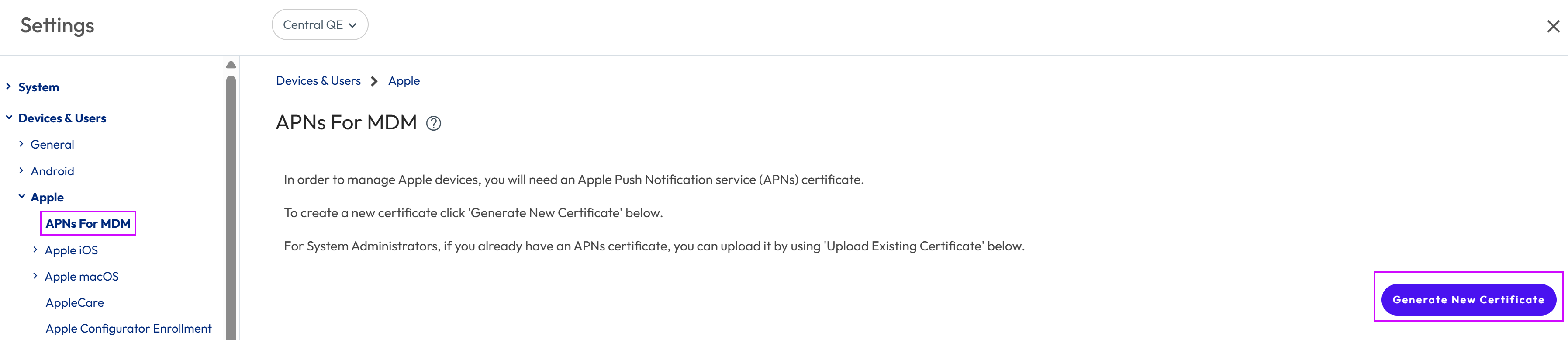 This screenshot displays the APNs for MDM System Setting and the Generate New Certificate button.