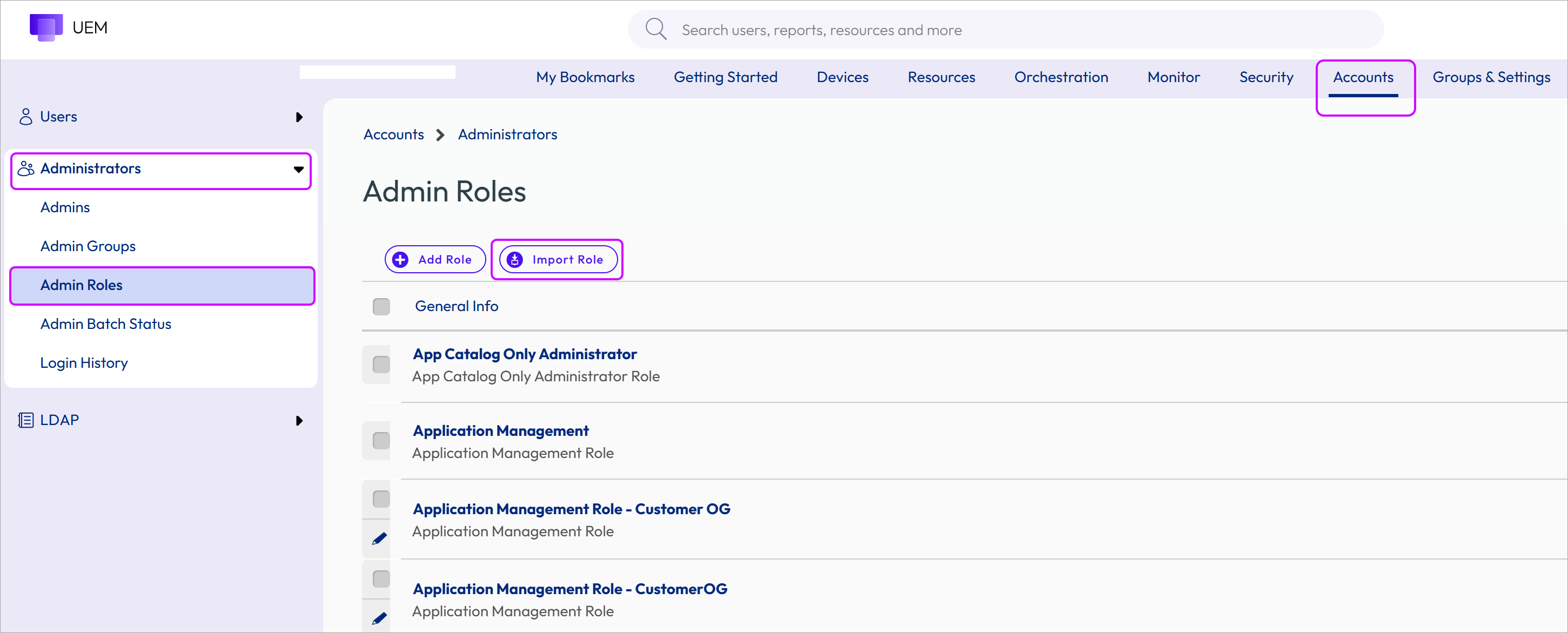 This screenshot shows the Accounts, Administrators Roles page with the Import Role button highlighted.