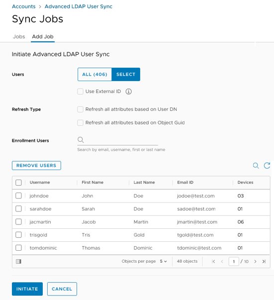This screenshot shows the LDAP Sync screen, giving you the choice between migrating ALL users or SELECT users.