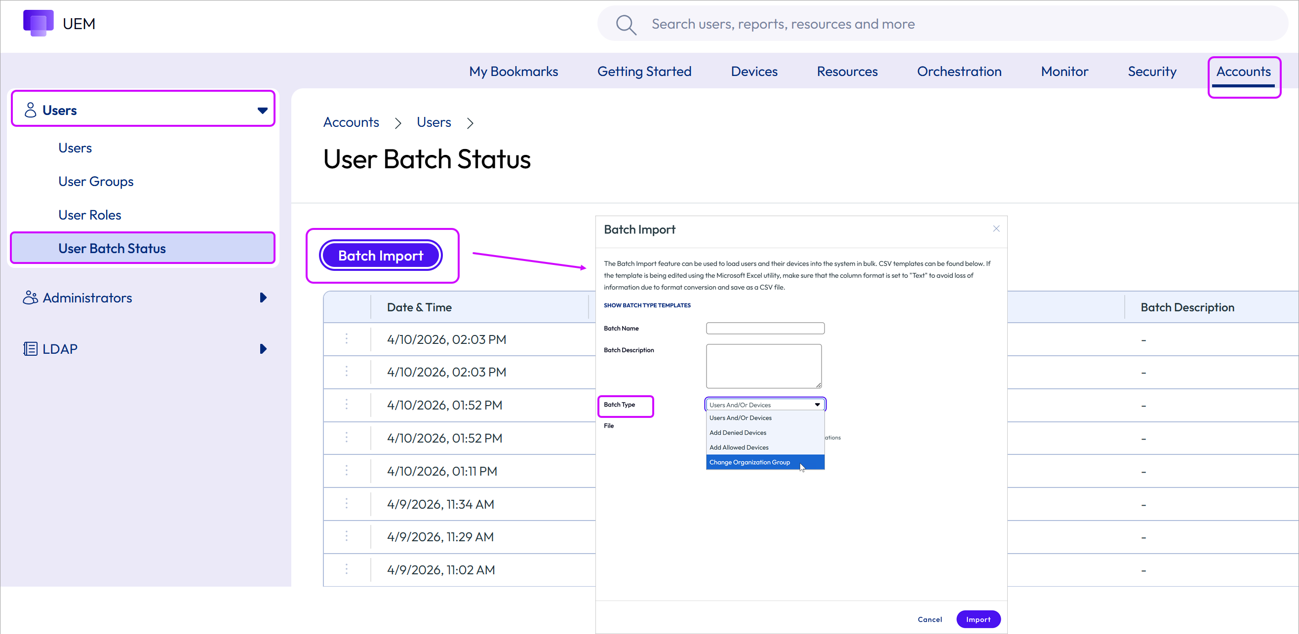 This screenshot shows the Batch Import screen, which you can use to move users from one OG to another OG.