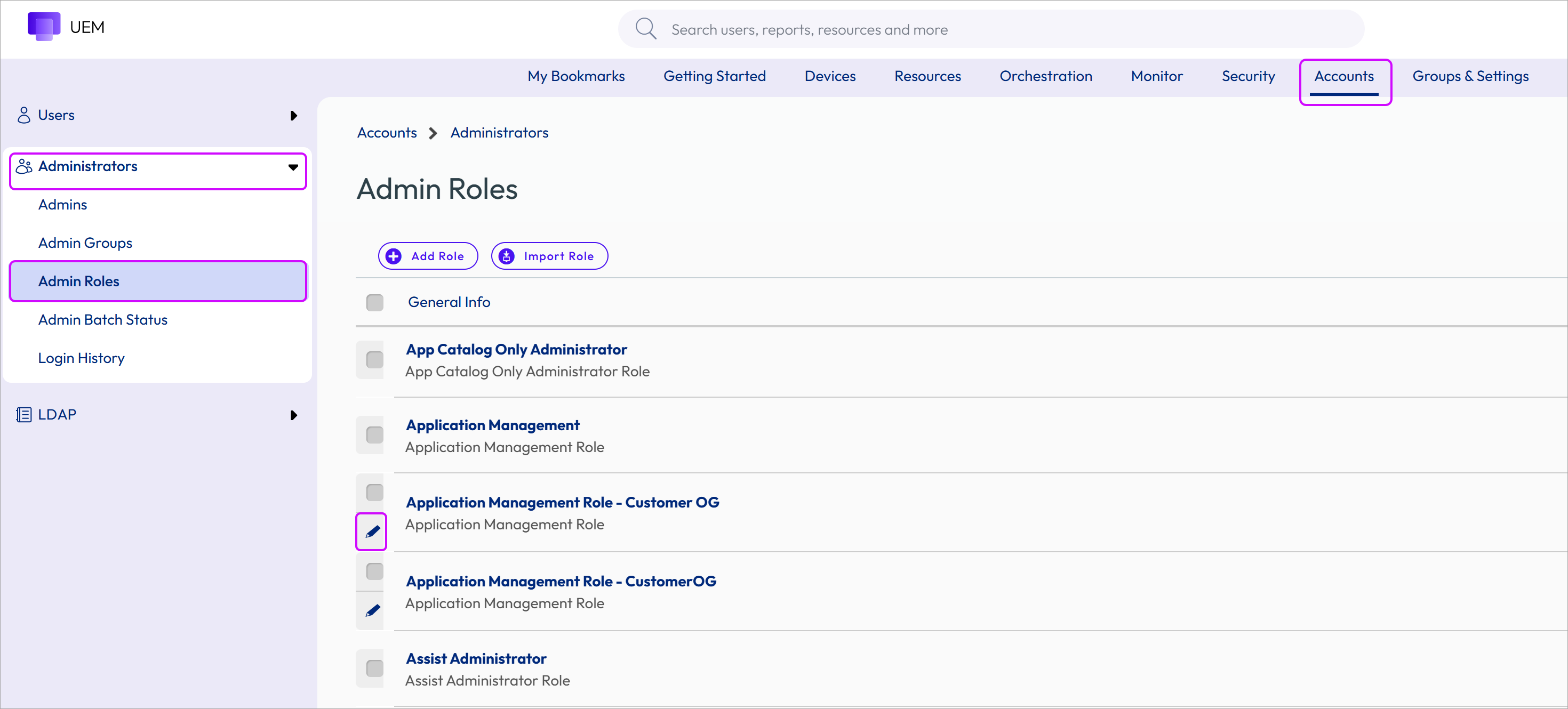 This screenshot shows the Accounts, Administrator Roles page with a role copy selected, ready to be edited and renamed.
