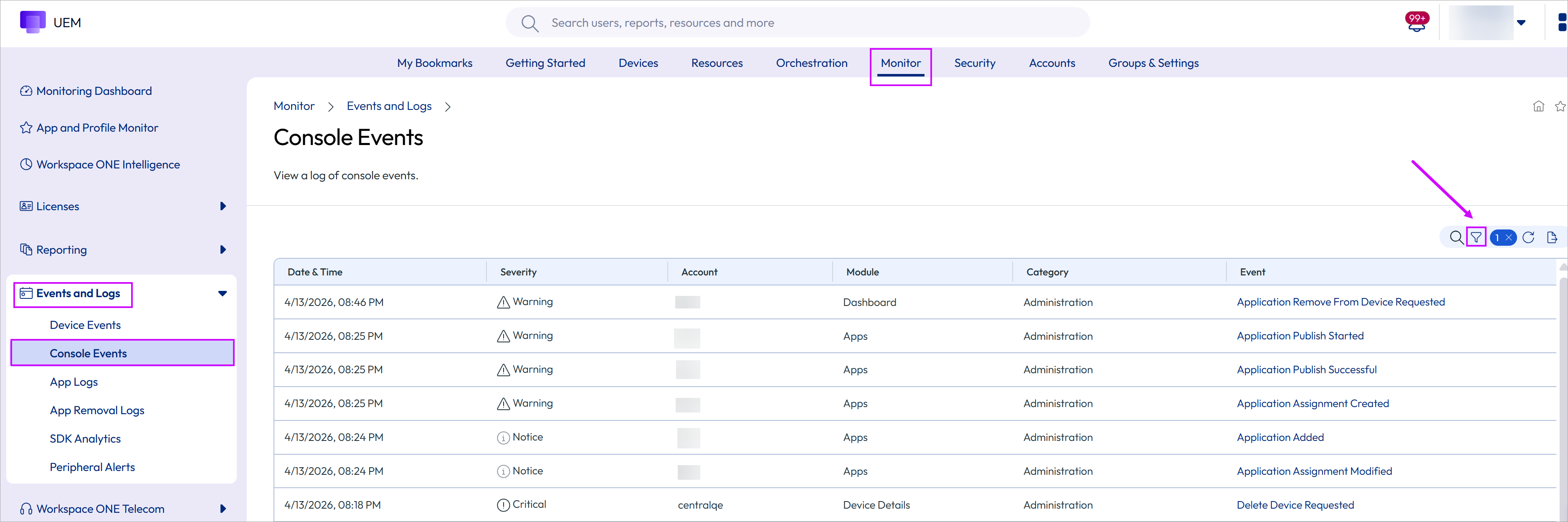 This screenshot shows the Console Events screen, which you can use to research and troubleshoot events that are logged by the console.