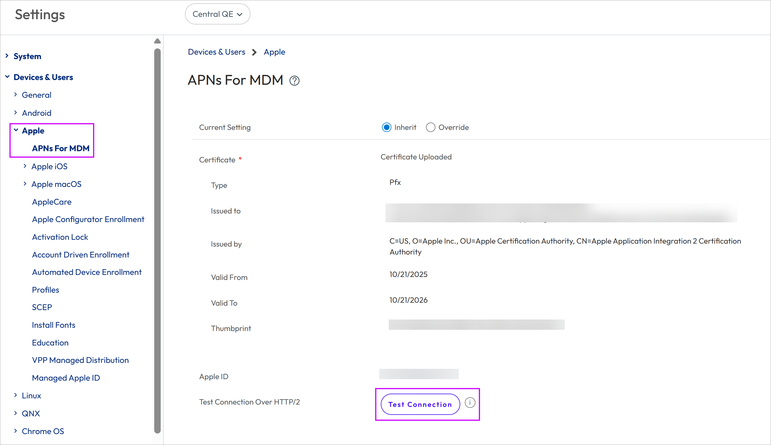 This screenshot shows the APNs for MDM System Setting and the Test Connection button.