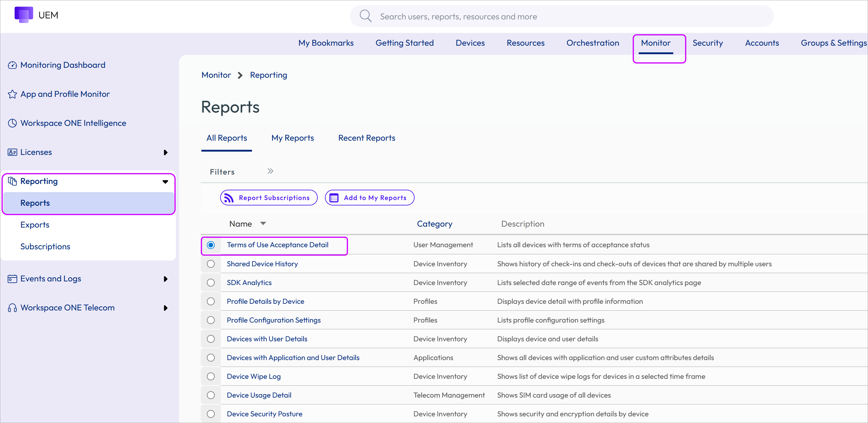 This screenshot shows the Monitor, Reports List View, which enables you to track which users have (and have not) accepted the TOU. This screenshot shows the Monitor, Reports List View, which enables you to track which users have (and have not) accepted the TOU.