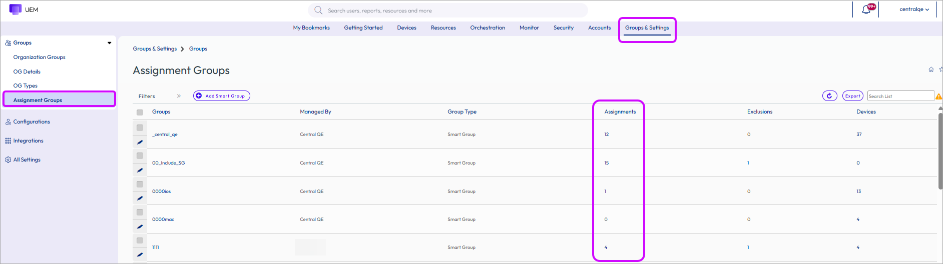 This screenshot displays how you can invoke the View Assignments page, by selecting non-zero numbers in the Assignments, Exclusions, and Devices columns.