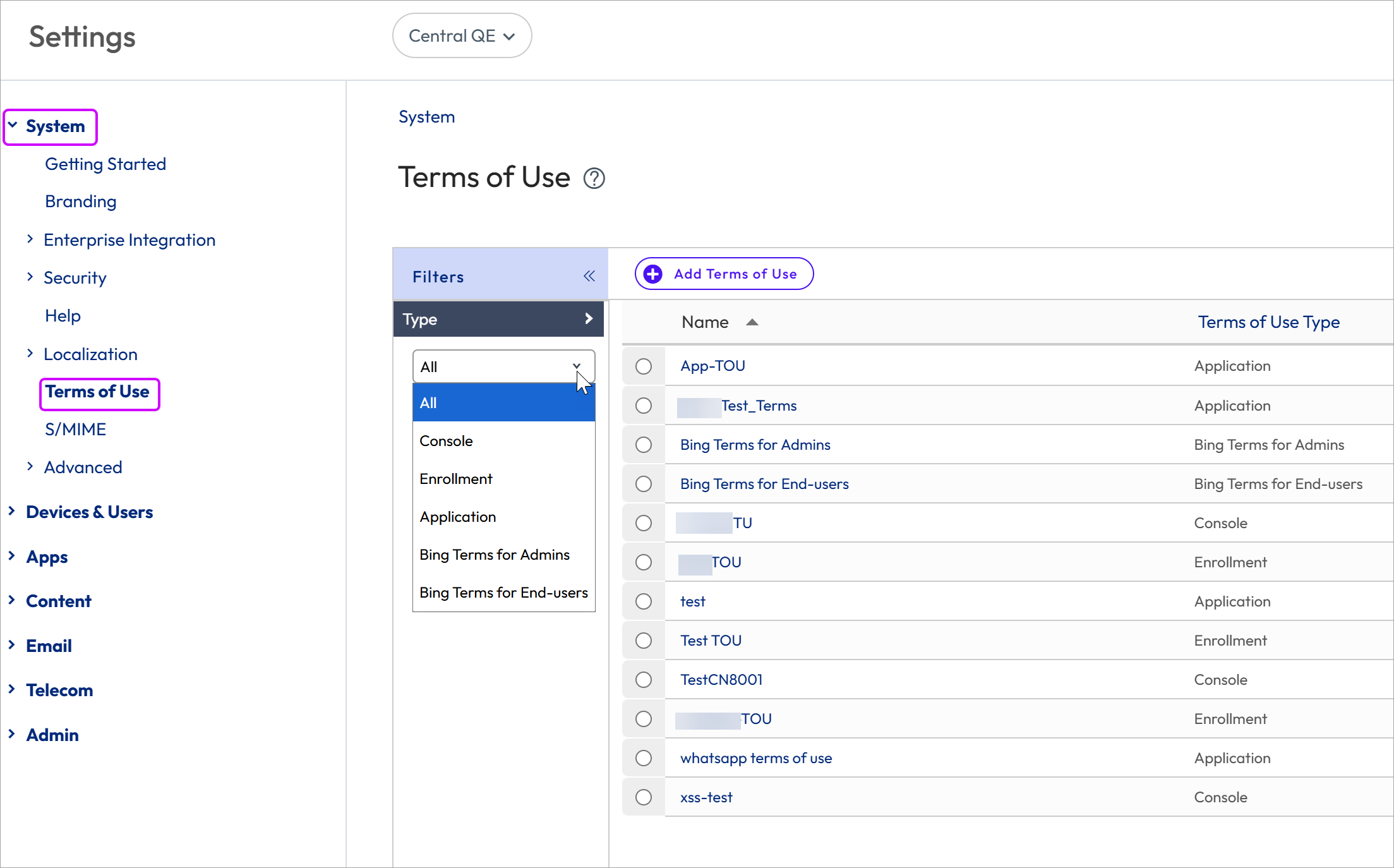 This screenshot shows the Terms of Use System Setting with the Filter button and panel highlighted, which is how you view a specific TOU. This screenshot shows the Terms of Use System Setting with the Filter button and panel highlighted, which is how you view a specific TOU.
