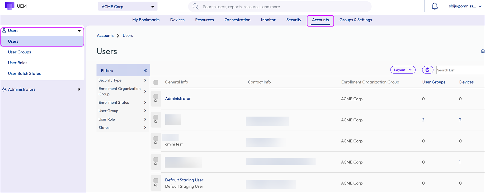 This screenshot displays the user account list view, showing the listing of device end users as they appear using filters and sorted by enrollment status.