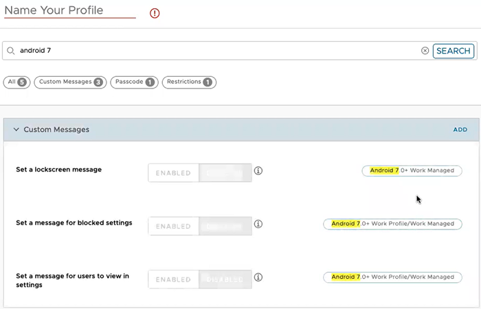 This partial screenshot shows the results of an Android device profile search successfully returning results found in the platform qualifier bubbles