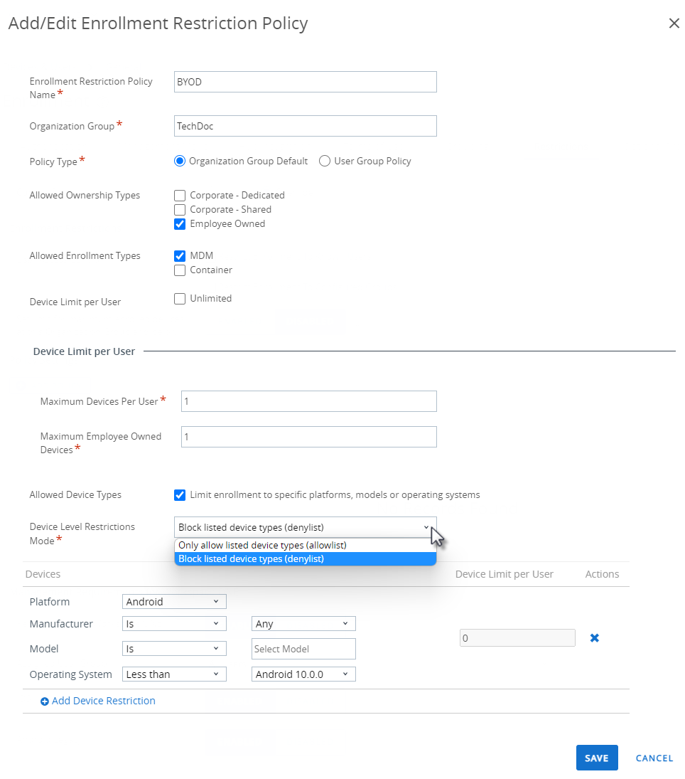This screenshot shows the Add/Edit Enrollment Restriction Policy screen, which lets you limit enrollment easily This screenshot shows the Add/Edit Enrollment Restriction Policy screen, which lets you limit enrollment easily