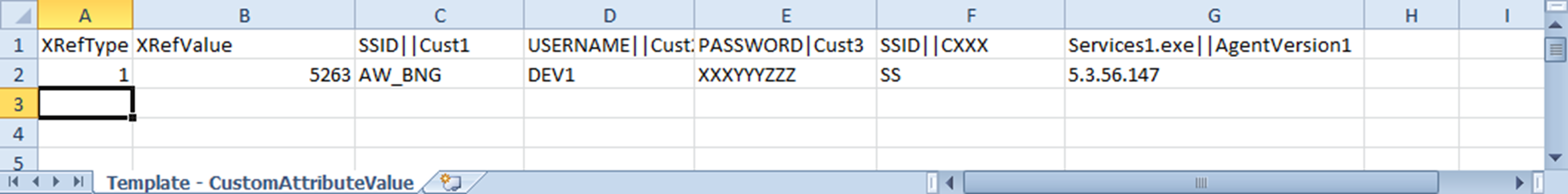 This screenshot shows a sample of the device custom attribute values template. This screenshot shows a sample of the device custom attribute values template.